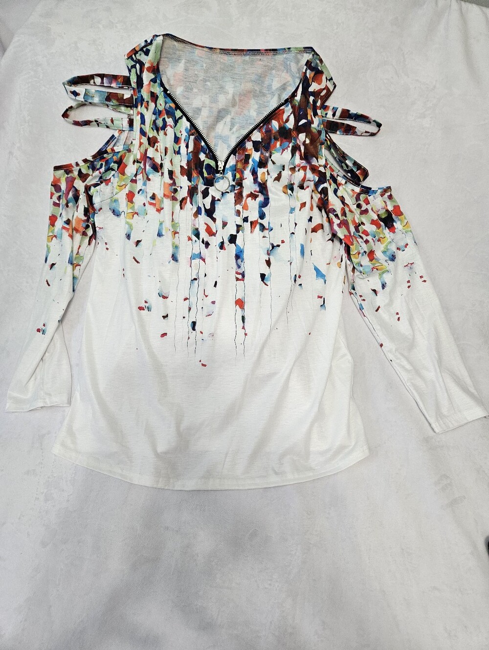 Ladies, Off-Shoulder White Top with Multicolor Splash Print